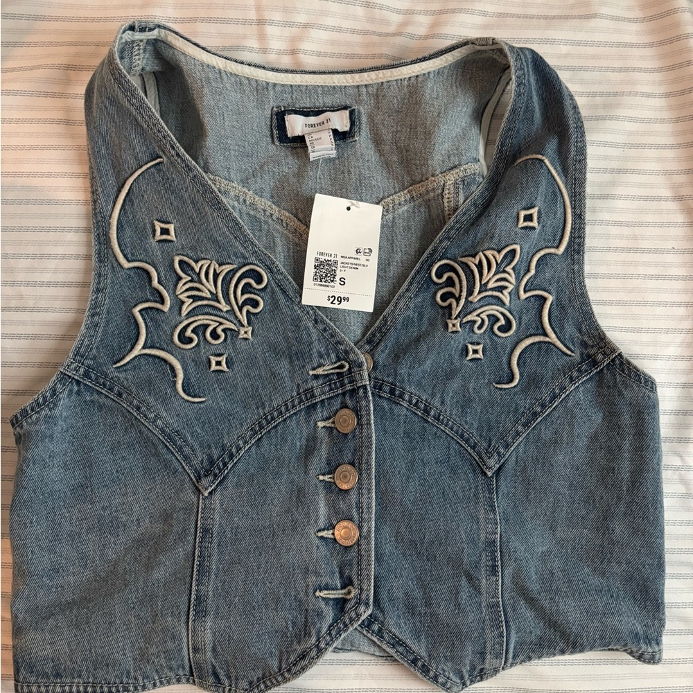 Forever 21 Blue Denim Vest with White Embroidery